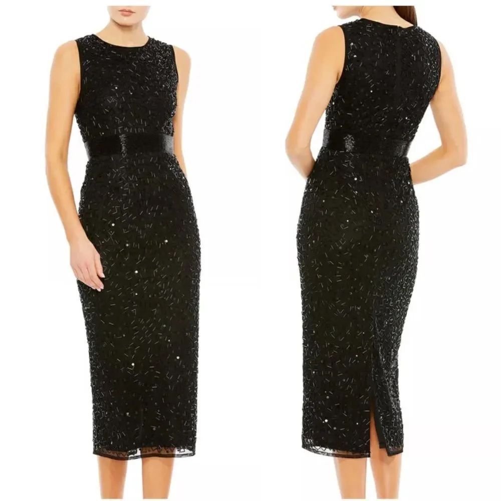 Mac Duggal 93758 Black Geometric Beaded Midi Cocktail NWT $398